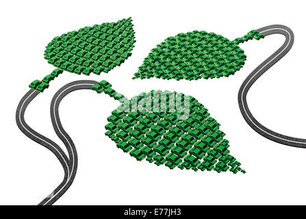 Transport Vert concept comme un groupe de wagons et les automobiles dans une forme de la feuille de route comme une métaphore de l'énergie électrique comme carburant de remplacement ou de biocarburant Hydrogène piles à combustible en tant que symbole de l'avenir de solution de transport respectueux de l'environnement Banque D'Images