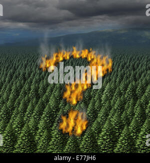 Feu de forêt, une rage brûlante de forêt à travers une forêt de pins en forme de point d'interrogation comme un symbole pour l'information sur la sécurité et les questions de sécurité pendant une période de temps à la chaleur sèche provoquant une catastrophe écologique. Banque D'Images