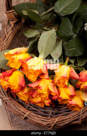 Roses orange dans le vieux panier en osier Banque D'Images