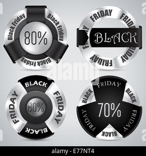 Badge vendredi noir jeu de 4 avec des rubans noirs et brillants anneaux métalliques Banque D'Images