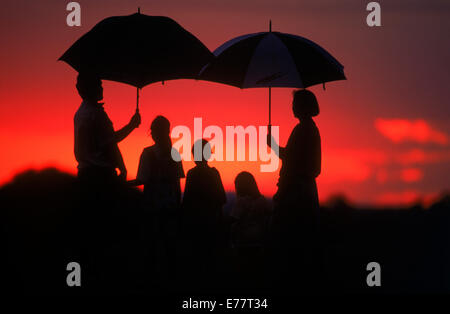Famille de cinq regardant coucher de soleil africain sous un ciel pluvieux au Zimbabwe Banque D'Images