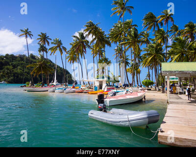 Palmiers sur la plage de sable et de bateaux dans la baie de Marigot, région de Castries, Sainte-Lucie, île, îles du Vent des Petites Antilles Banque D'Images