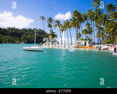 Palmiers sur la plage de sable et de bateaux dans la baie de Marigot, région de Castries, Sainte-Lucie, île, îles du Vent des Petites Antilles Banque D'Images