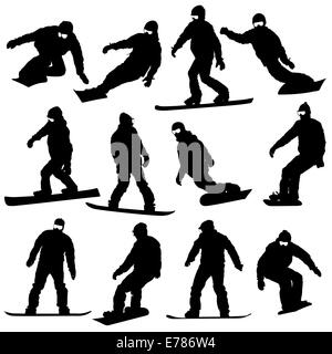 Jeu de silhouettes noires les planchistes sur fond blanc. Banque D'Images