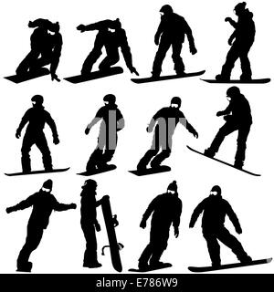 Jeu de silhouettes noires les planchistes sur fond blanc. Banque D'Images