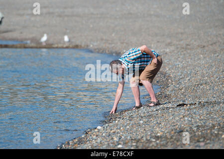 Aberystwyth, Pays de Galles, Royaume-Uni. Sep 9, 2014. Comme le Royaume-uni baigne dans une longue période de temps chaud et ensoleillé, les gens sur la plage d'Aberystwyth profiter du soleil. Aujourd'hui les températures dans cette 'Indian Summer' a culminé à 21 ºC à Londres et Cardiff Crédit photo : Keith morris / Alamy Live News Banque D'Images