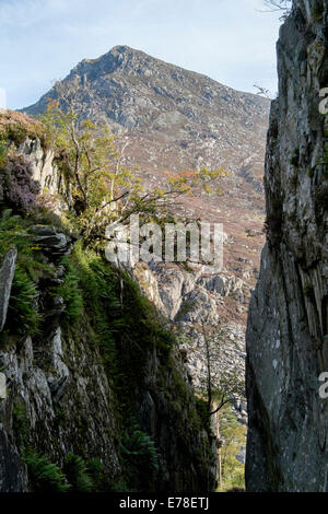 Vue de Pen An Wen Ole vu de chemin à travers espace étroit 'Tin Can Alley' rock Ogwen Valley dans la gorge de galles Snowdonia Royaume-uni Grande-Bretagne Banque D'Images