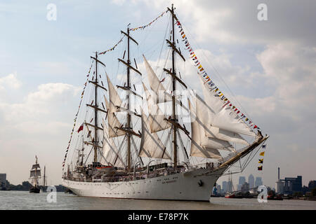 Grand navire polonais Dar Mlodziezy. Parade de voile, Royal Greenwich Tall Ships Festival, River Thames, Londres, Angleterre, Royaume-Uni Banque D'Images