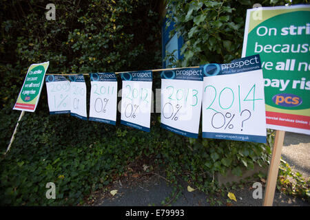 10 Septembre, 2014, Aberystwyth, Pays de Galles, Royaume-Uni. Les membres des trois syndicats à la Bibliothèque nationale du Pays de Galles - Prospect, PCS, et la FDA - inscrivez-vous ensemble pour une journée de grève pour attirer l'attention sur la situation de l'établissement. Le personnel de la bibliothèque n'ont pas reçu une augmentation de salaire (c'est, une augmentation de salaire permanent qui compte pour les cotisations de retraite) depuis 2009, qui a abouti à une valeur réelle de 20  % baisse de la valeur de leurs salaires. Credit : atgof.co/Alamy Live News Banque D'Images