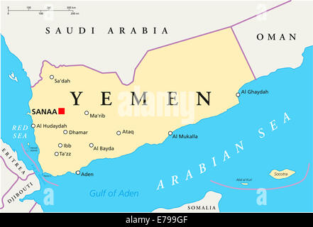 Carte politique du Yémen à Sanaa, capitale des frontières nationales et la plupart des villes importantes. English l'étiquetage et à l'échelle. L'illustration. Banque D'Images