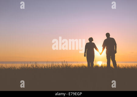 Senior couple holding hands silhouettes Banque D'Images