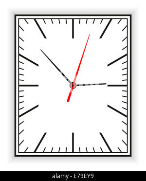 Horloge rectangulaire dans le cadre d'une horloge analogique avec des pointeurs noir et rouge. Illustration sur fond blanc. Banque D'Images