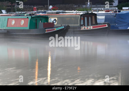 À l'aube Narrowboats, Misty, Stratford-upon-Avon, Royaume-Uni Banque D'Images