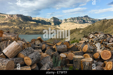 Parc d'état de Buffalo Bill montrant le haut rocher montagne, Shoshone river et de sciage de bois de chauffage près de Cody, Wyoming, USA. Banque D'Images