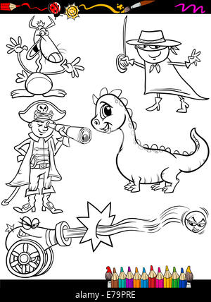 Livre de coloriage ou une page de bande dessinée de vulgarisation du noir et blanc Funny personnages fantastiques pour enfants Banque D'Images