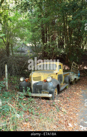 Vieux camion abandonné avec remorque à côte du chemin de campagne, dans le Nord de la Californie Banque D'Images