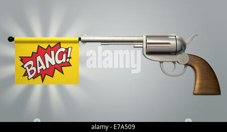 Six Shooter un pistolet avec un drapeau qui sort le canon qui dit le mot bang sur elle sur un fond clair Banque D'Images