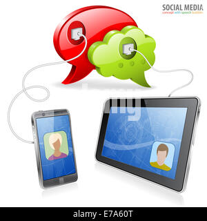 Social Media Concept - Bulles de connecté à Smartphone et tablette PC, isolé sur fond blanc Banque D'Images