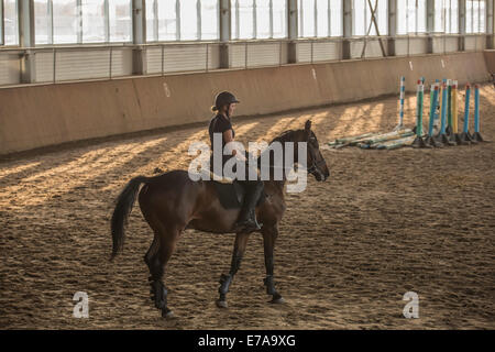 Vue latérale du woman riding horse stable dans la formation Banque D'Images