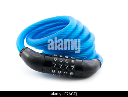 Cadenas de vélo bleu isolé sur fond blanc Banque D'Images