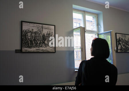 Visiteur à la photo au mur à l'intérieur sur le camp de concentration d'Auschwitz, Auschwitz, Pologne Banque D'Images