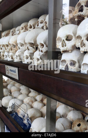 Sur les crânes exposés au Mémorial du Génocide à Choeung Ek, près de Phnom Penh, Cambodge. Banque D'Images