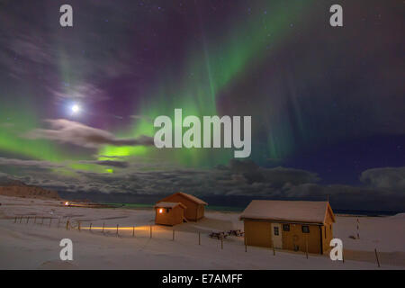 Aurores boréennes sur la plage de Flakstad (îles Lofoten) Banque D'Images