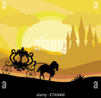 Transport de chevaux et un château médiéval Banque D'Images