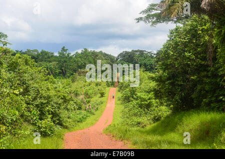 Voyageant sur les routes de terre de la terre rouge de l'est de la Sierra Leone au Libéria Banque D'Images