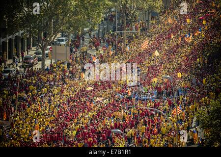 11 septembre 2014 - "Castellers" construire une tour humaine parmi des milliers de Catalans en rouge et jaune shirts forme 'Esteladas' dans la Gran Via de Barcelone pour réclamer un référendum sur l'indépendance durant la 'Diada', fête nationale de la Catalogne Crédit : Matthias Rickenbach/ZUMA/ZUMAPRESS.com/Alamy fil Live News Banque D'Images