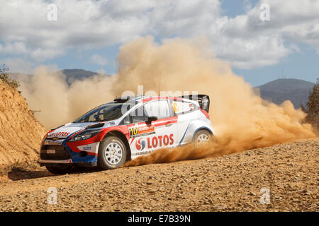 Coffs Harbour, Australie, vendredi, 12 Septembre, 2014. World Rally Polonais Robert Kubica tourne selon un droit pendant la première étape du Rallye d'Australie. Kubica a trouvé l'étape difficile de noter les conditions de surface glissante et difficile, decrescendo. Credit : Russell Hunter/Alamy Live News Banque D'Images