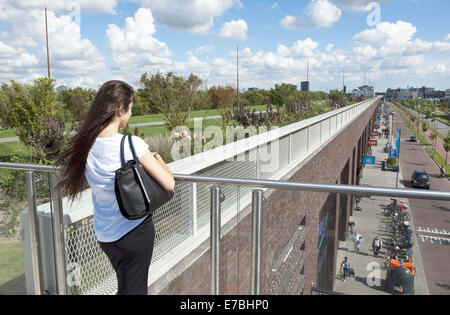 13 août 2014 - Rotterdam, Hollande méridionale, Pays-Bas, Holland - une fille est debout sur le toit d'un immeuble commercial. 9 mètres au-dessous de son est un énorme centre commercial. ..Dans la région de Rotterdam est le plus grand parc public sur un immeuble commercial en Europe. Sur 9 mètres de haut, sur le dessus à Bigshops Marconi Plaza, est un parc verdoyant avec trois jardins à thèmes..Le parc est la mesure de huit hectares et offre une vue sur la ville et le port. Il est à 800 mètres de long, 80 mètres de large et 9 mètres de haut. Ci-dessous le parc est 25 000 m2 d'espace de vente au détail.Il n'est pas seulement une zone commerçante et un endroit où vous pouvez recréer, le même t Banque D'Images