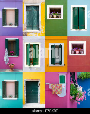 Collection de portes et fenêtres sur des murs colorés dans l'île de Burano, Venise, Italie Banque D'Images