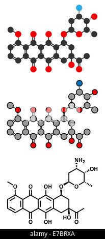 La daunorubicine (la daunomycine) chimiothérapie du cancer molécule pharmaceutique. Formule topologique classique et une représentation stylisée, montrant Banque D'Images