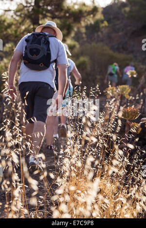 Les randonneurs de partir sur une chaude matinée poussiéreux sur un sentier près de Arguayo, Tenerife, Canaries, Espagne. Banque D'Images