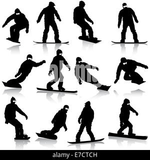 Jeu de silhouettes noires les planchistes sur fond blanc. Je vecteur Banque D'Images