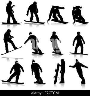 Jeu de silhouettes noires les planchistes sur fond blanc. Je vecteur Banque D'Images