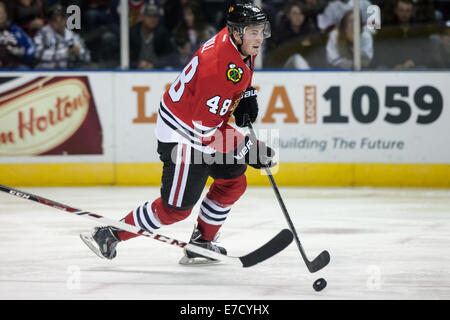 London, Ontario, USA. 13 septembre 2014, Justin Holl (48) de la porte les Blackhawks de Chicago rondelle pendant un match entre les Blackhawks de Chicago et les Maple Leafs de Toronto à la LNH 2014 Tournoi Rookie joué au John Labatt Centre. Les Maple Leafs a gagné le match 5-2. Credit : Mark Spowart/Alamy Live News Banque D'Images