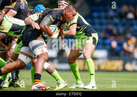 High Wycombe, Royaume-Uni. 14Th Sep 2014. Aviva Premiership. Guêpes contre Northampton Saints. Nathan Hughes de guêpes durs de l'avant. Credit : Action Plus Sport/Alamy Live News Banque D'Images