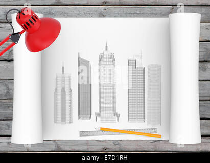 Le dessin architectural et des fournitures de bureau sur l'arrière-plan de planches en bois Banque D'Images