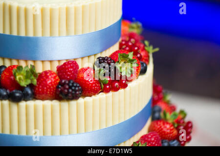 Plus de détails sur un gâteau de mariage - l'été des fruits et de bâtonnets de chocolat blanc avec un ruban bleu bébé Banque D'Images