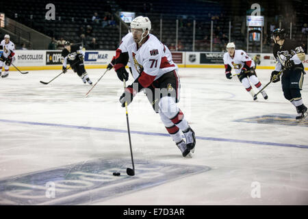 London, Ontario, USA. 13 septembre 2014Garrett Thompson (71) des Sénateurs d'Ottawa exploite la rondelle lors d'un match entre les Penguins de Pittsburgh et les Sénateurs d'Ottawa lors de la LNH 2014 Tournoi Rookie joué au John Labatt Centre. Credit : Mark Spowart/Alamy Live News Banque D'Images