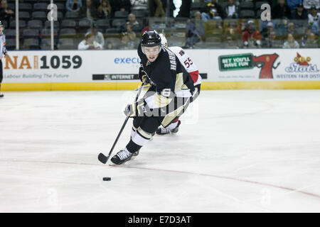 London, Ontario, USA. 13 septembre 2014Scott Harrington (6) transporte la rondelle lors d'un match entre les Penguins de Pittsburgh et les Sénateurs d'Ottawa lors de la LNH 2014 Tournoi Rookie joué au John Labatt Centre. Credit : Mark Spowart/Alamy Live News Banque D'Images