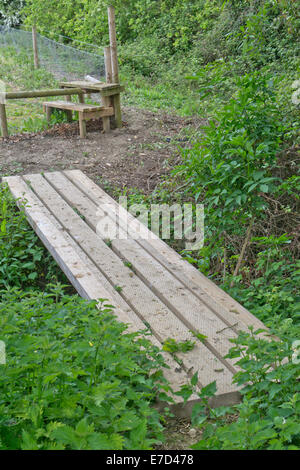 Un sentier public rural avec un montant et un pont fait de planches en bois dans un fossé. Banque D'Images