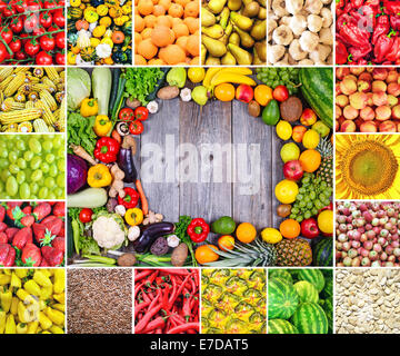 Grand collage de divers fruits et légumes sains Banque D'Images