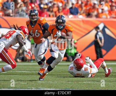Denver, Colorado, États-Unis. 14Th Sep 2014. Le JUGE EN CHEF RB07 ANDERSON, centre, exécute pour big yardage pendant le 1er. la moitié à Sports Authority Field at Mile High dimanche après-midi. Les Broncos battre les Chiefs 24-17. Credit : Hector Acevedo/ZUMA/Alamy Fil Live News Banque D'Images