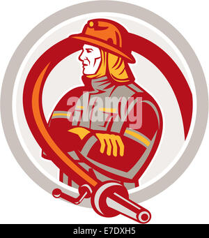 Illustration d'un pompier pompier d'urgence l'article bras de pliage avec le tuyau d'incendie vu du côté situé à l'intérieur du cercle sur fond isolé fait en style rétro. Banque D'Images