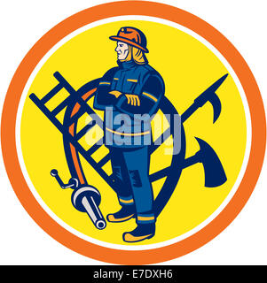 Illustration d'un pompier pompier d'urgence l'article bras de pliage à la recherche sur le côté avec le tuyau d'incendie et d'échelle dans l'arrière-plan défini à l'intérieur du cercle fait en style rétro. Banque D'Images