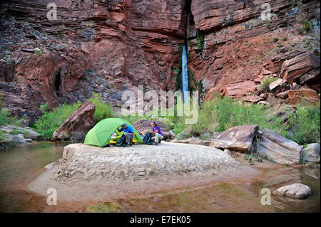 Les randonneurs setup campement sur une plage le long de la rivière Colorado, près de l'plumeting 180 pieds de Deer Creek Falls dans le Grand Canyon en dehors de Fredonia, Arizona Novembre 2011. Les 21,4 milles boucle démarre à la Bill Hall sur le sentier Rive Nord et descend, 2000 pieds de 2,5 milles à travers les grès de Coconino le niveau de l'Esplanada descend ensuite plus loin dans la partie inférieure de canyon à travers une pause au 400-foot-tall Redwall pour accéder à Vallée Surprise. Les randonneurs se connecter la rivière Thunder et Tapeats Creek à un itinéraire le long de la rivière Colorado et sortir Deer Creek. Banque D'Images