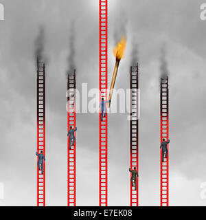 La concurrence dans le concept d'entreprise comme un groupe de gens d'affaires d'échelles rouge escalade en compétition pour le haut mais une personne agressive comme un changeur de jeu utilise un match géant pour arrêter leur chemin au succès. Banque D'Images
